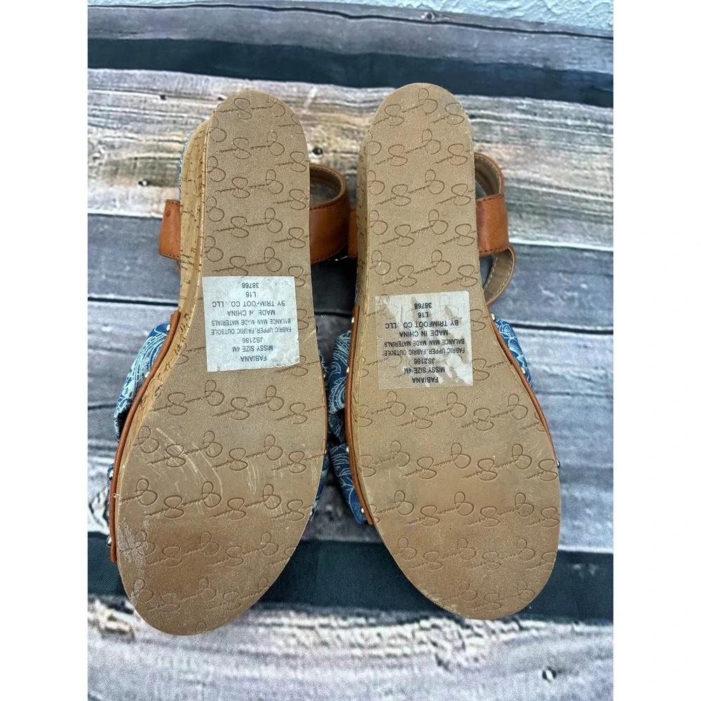 Jessica Simpson Fabiana Wedge Sandals Womens 4M Blue Paisley Bow Cork Platform